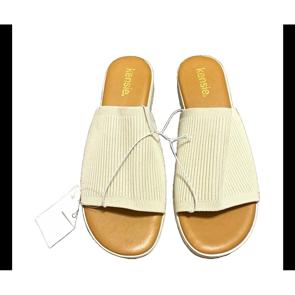 Kensie Ellie Cream Ribbed Knit Platform Slide Sandals Womens 9 Cream Tan